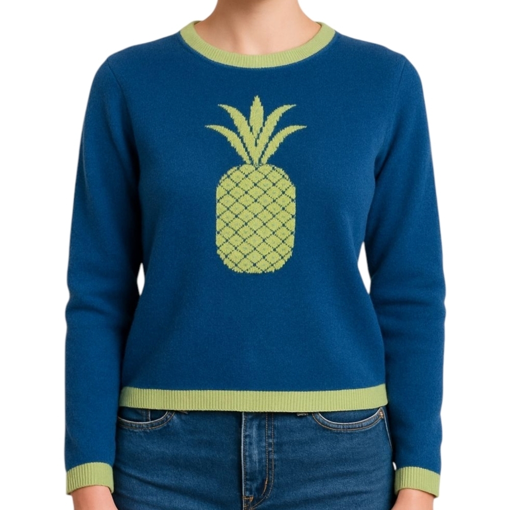 HANNAH ROSE Pineapple‎ Intarsia Cashmere Sweater Blue Green Women's Large Preppy